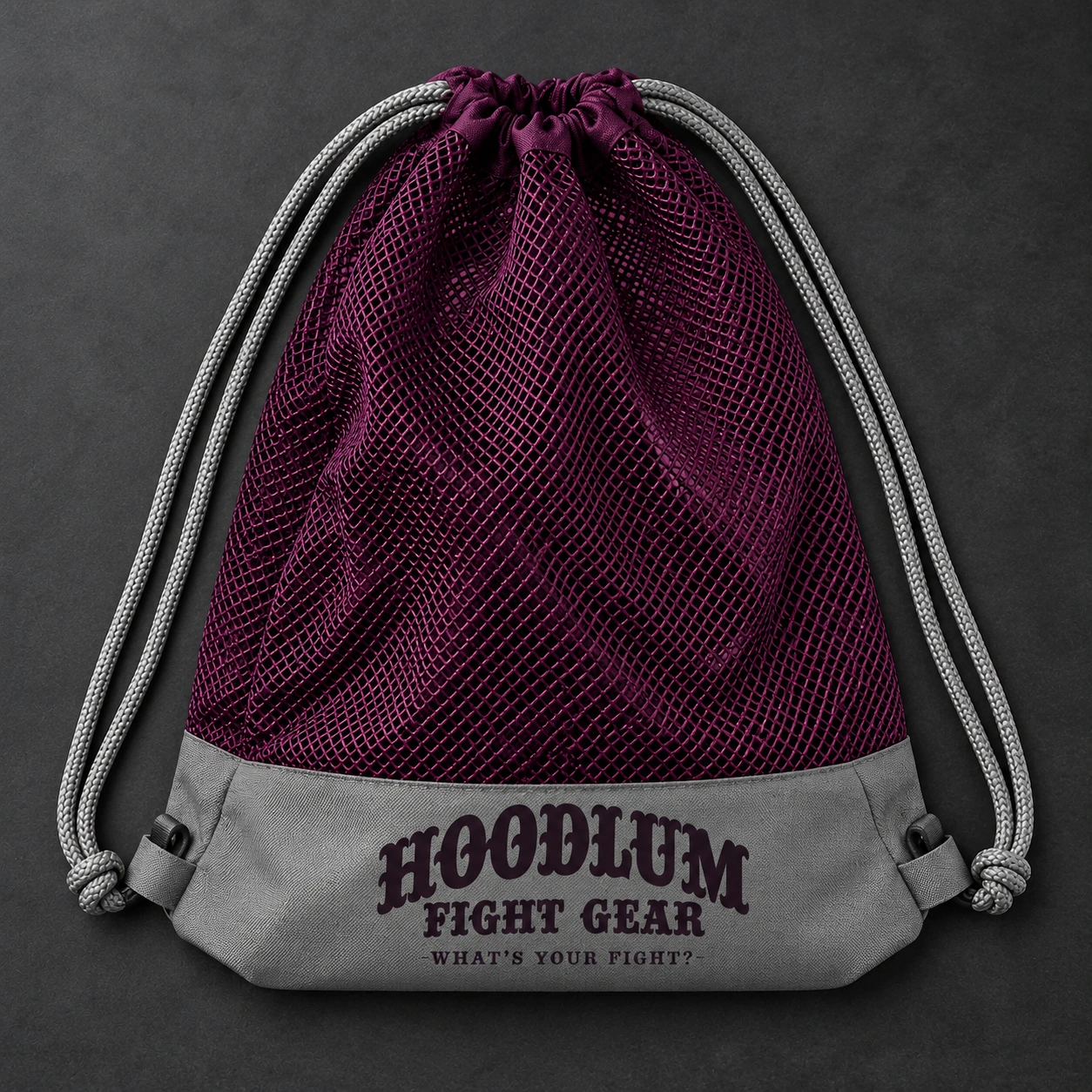 Mesh Gear Bag — Plum / Pewter — Top view (AI demo concept)