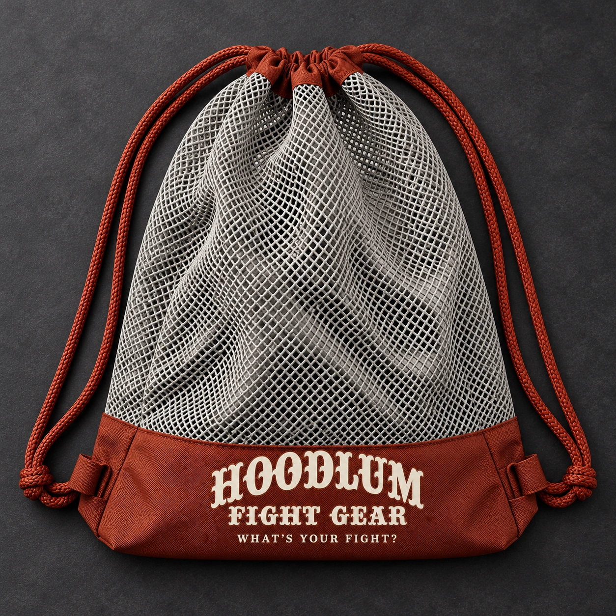 Mesh Gear Bag — Stone / Rust — Top view (AI demo concept)