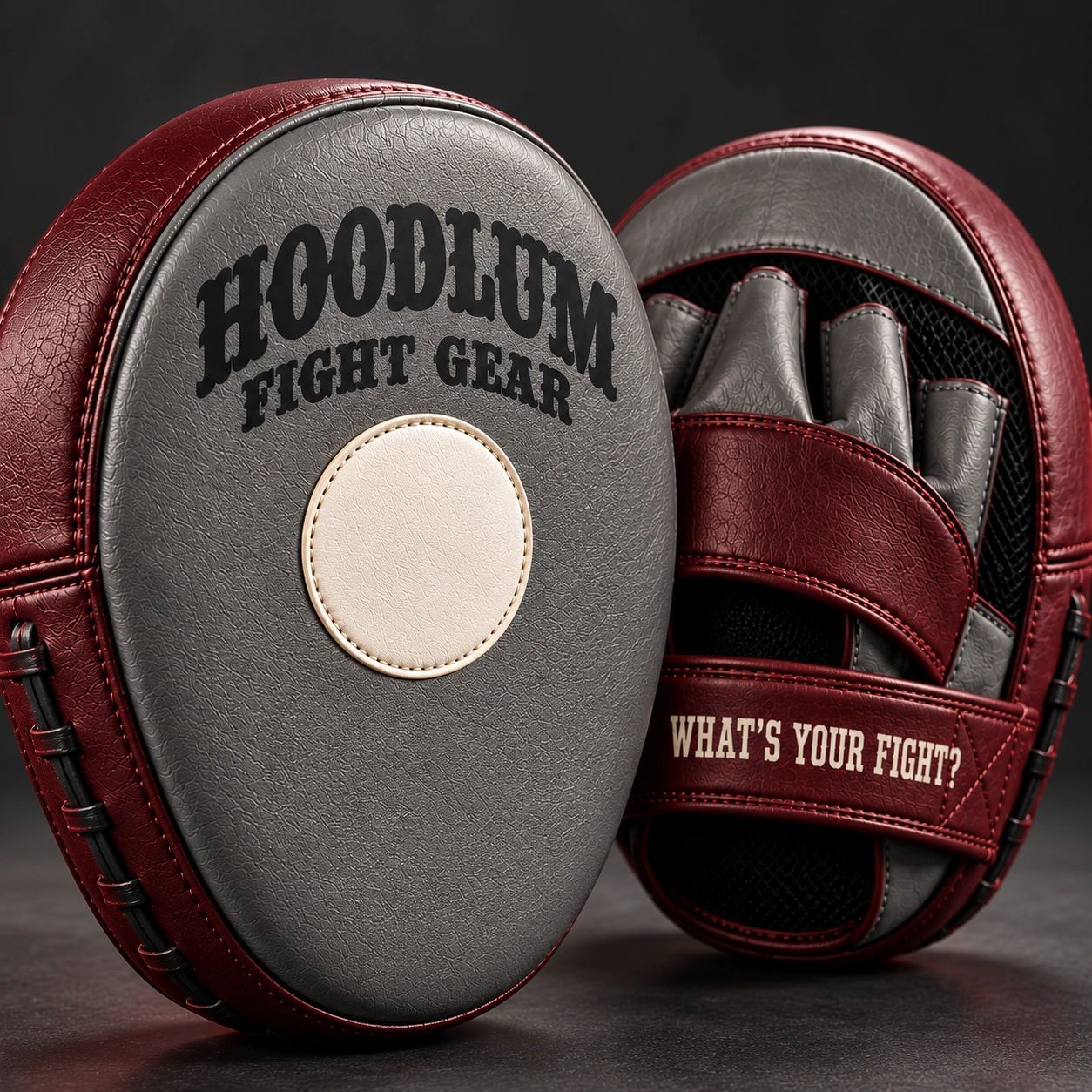 Micro Focus Mitts — Ash / Burgundy — Branding detail (AI demo concept)
