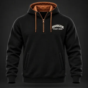 Movement Quarter-Zip Hoodie — Black / Copper — Front view (AI demo concept)