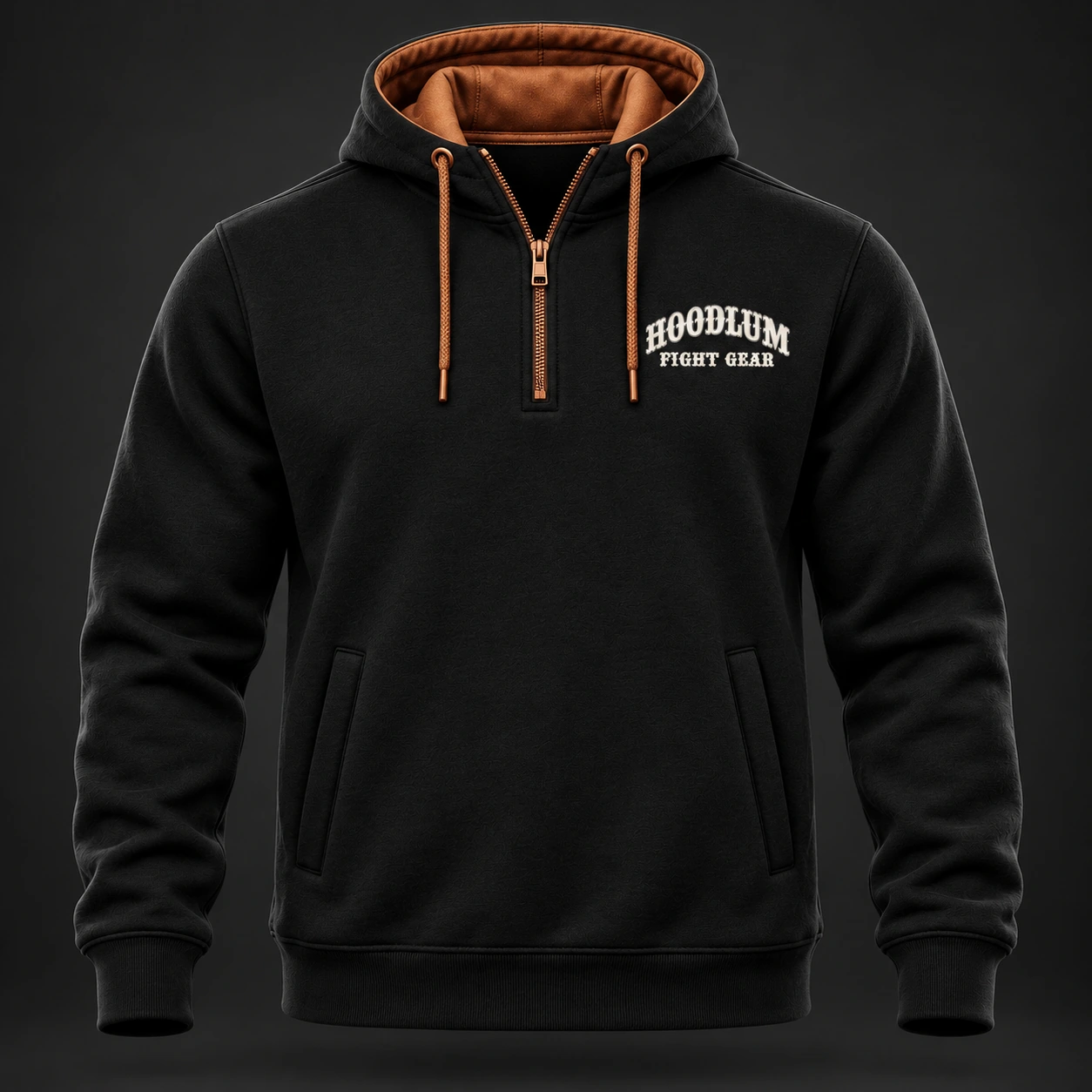 Movement Quarter-Zip Hoodie — Black / Copper — Front view (AI demo concept)
