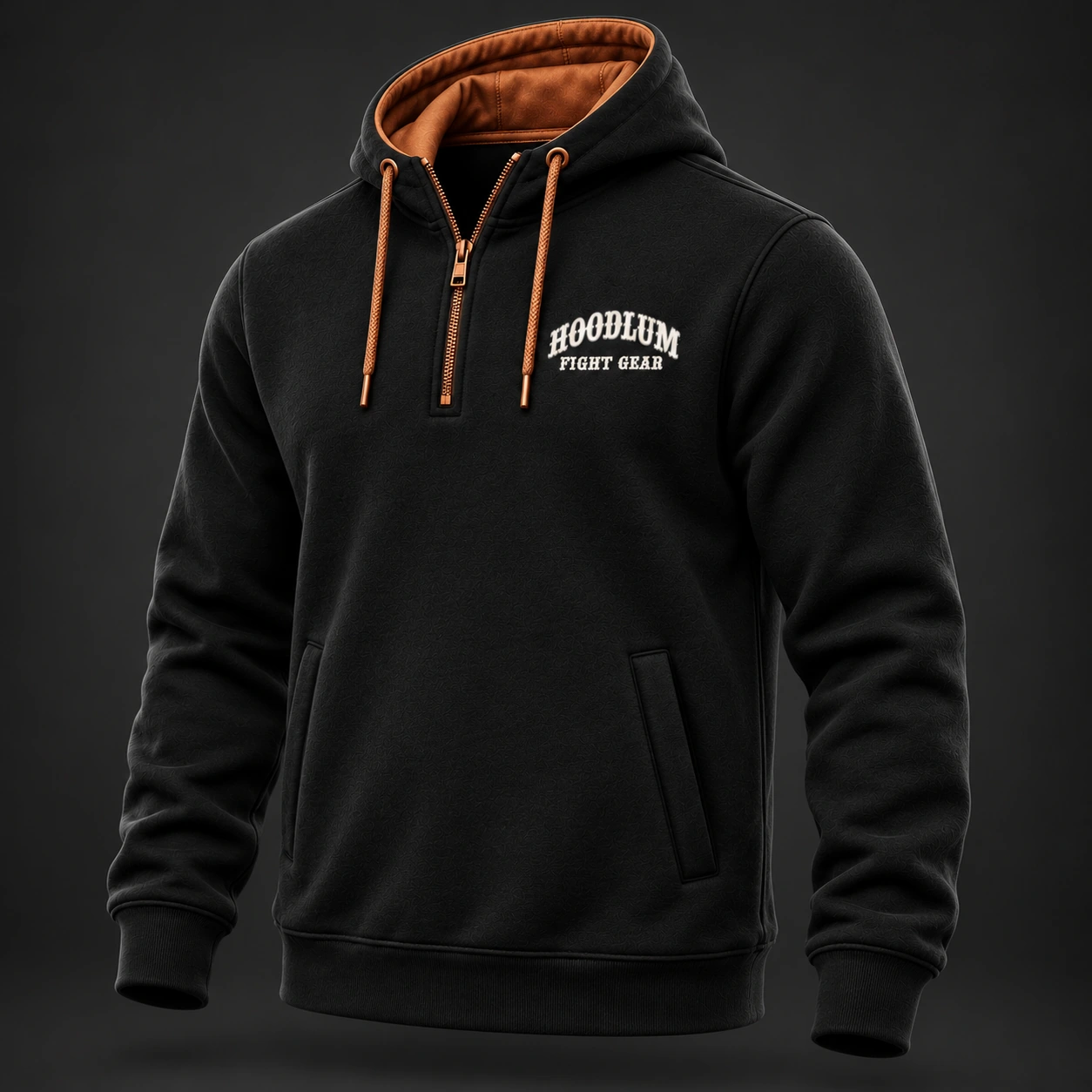 Movement Quarter-Zip Hoodie — Black / Copper — Three-quarter view (AI demo concept)