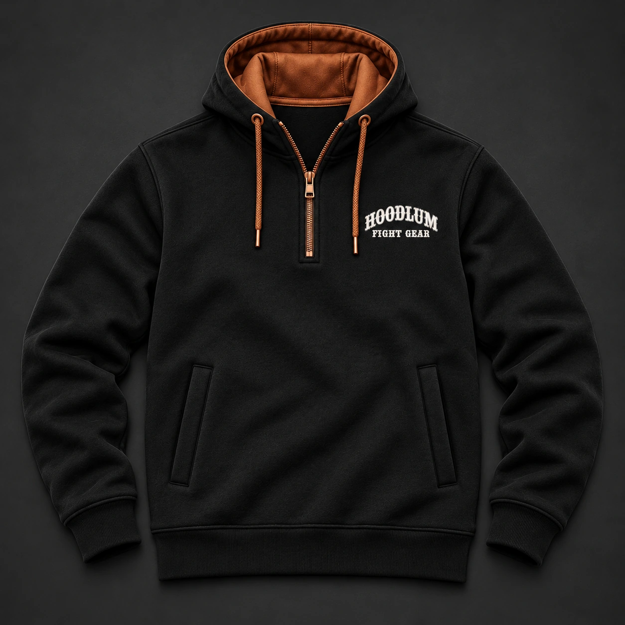 Movement Quarter-Zip Hoodie — Black / Copper — Flat-lay view (AI demo concept)