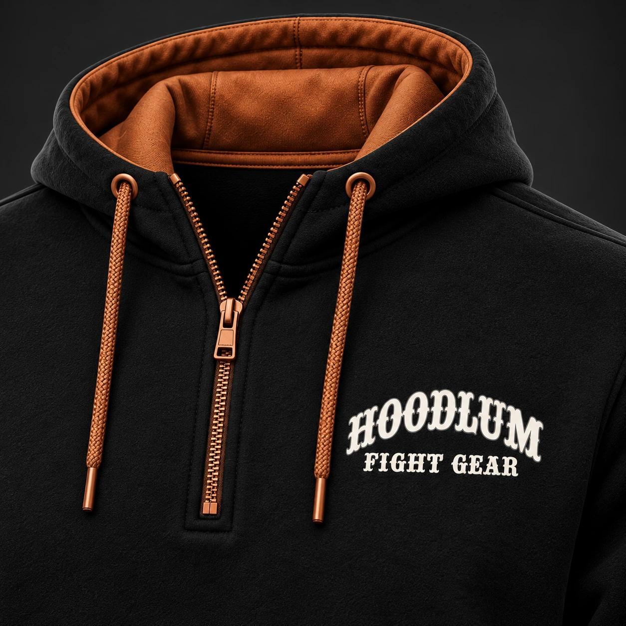 Movement Quarter-Zip Hoodie — Black / Copper — Branding detail (AI demo concept)