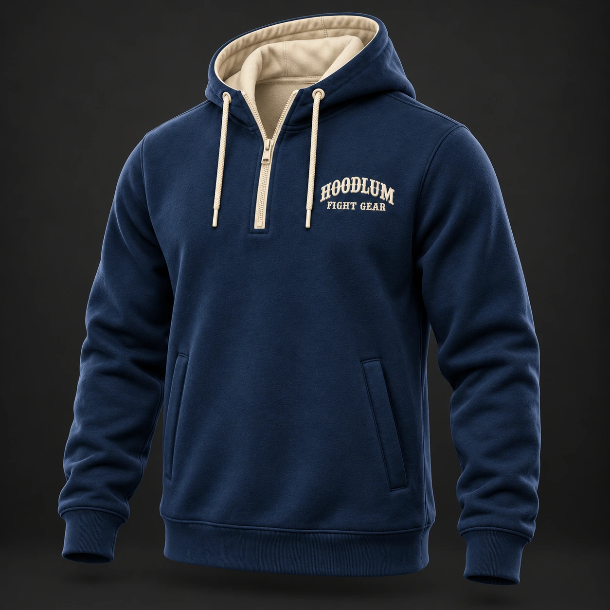 Movement Quarter-Zip Hoodie — Marine / Bone — Three-quarter view (AI demo concept)