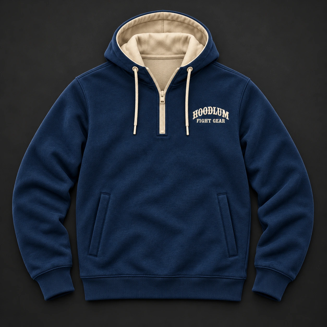 Movement Quarter-Zip Hoodie — Marine / Bone — Flat-lay view (AI demo concept)
