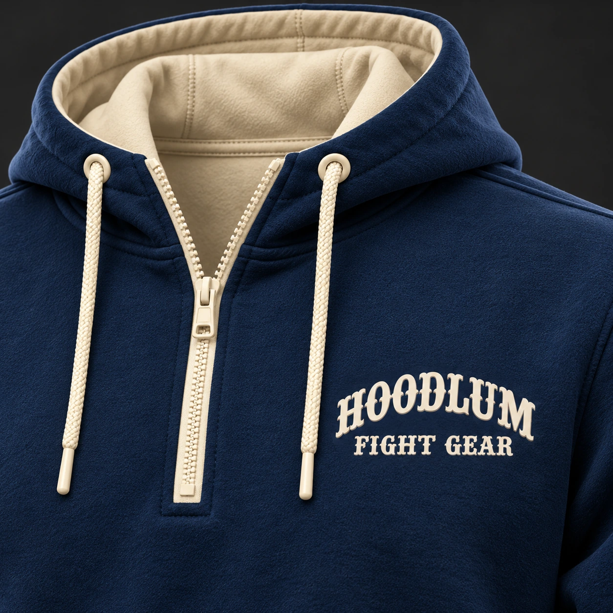 Movement Quarter-Zip Hoodie — Marine / Bone — Branding detail (AI demo concept)