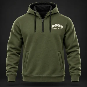 Movement Quarter-Zip Hoodie — Olive / Carbon — Front view (AI demo concept)