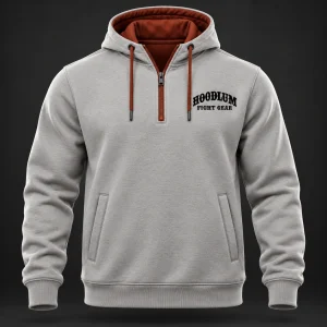 Movement Quarter-Zip Hoodie — Stone / Rust — Front view (AI demo concept)