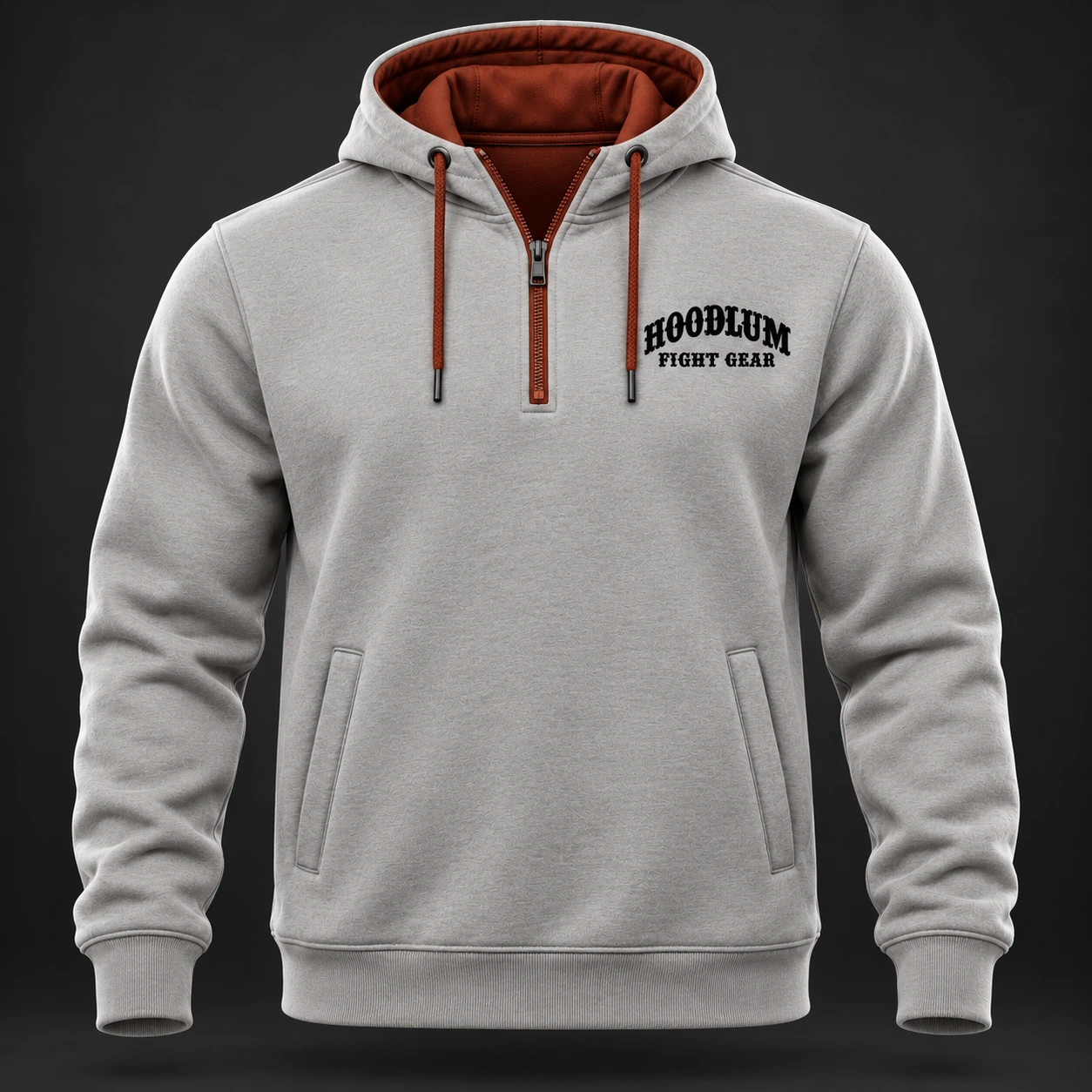 Movement Quarter-Zip Hoodie — Stone / Rust — Front view (AI demo concept)