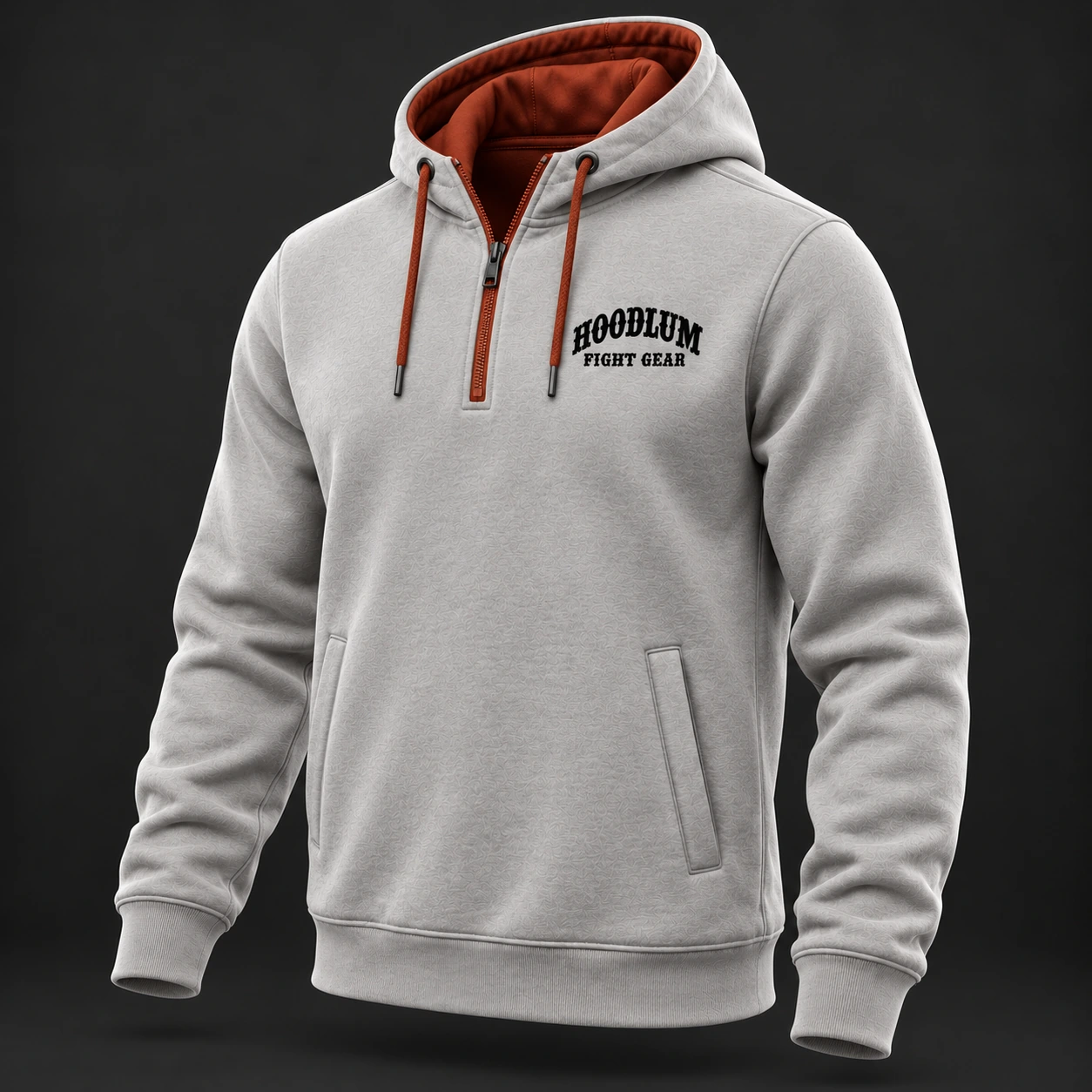 Movement Quarter-Zip Hoodie — Stone / Rust — Three-quarter view (AI demo concept)
