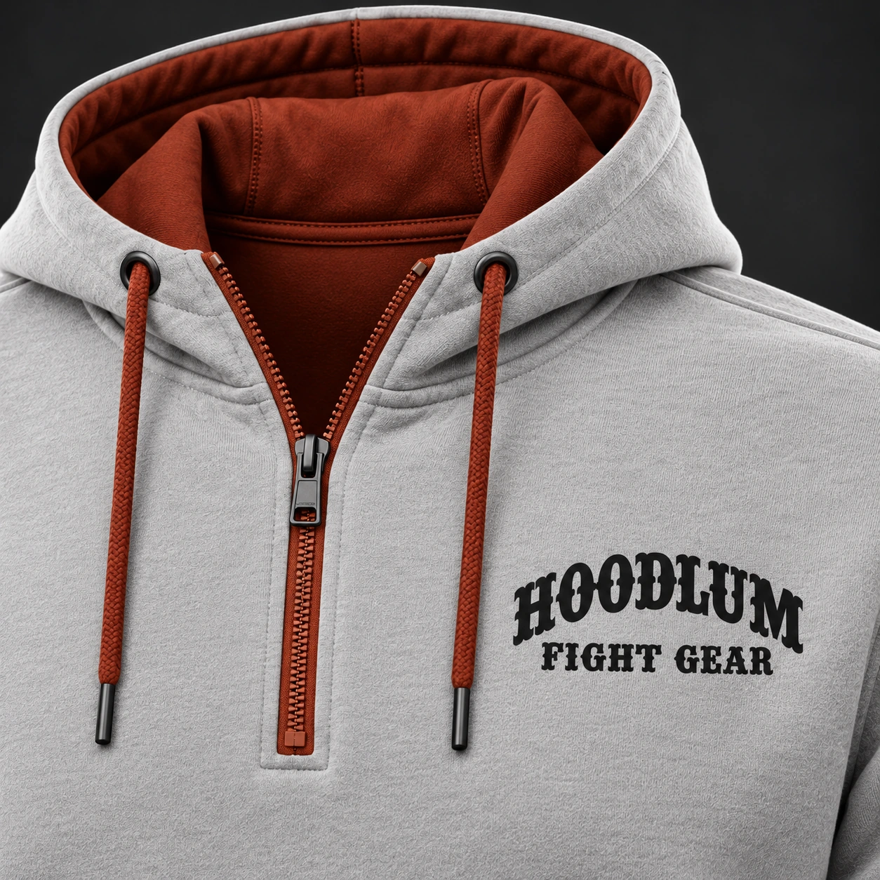 Movement Quarter-Zip Hoodie — Stone / Rust — Branding detail (AI demo concept)