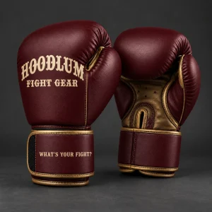 Obsidian Training Gloves — Oxblood / Brass — Three-quarter view (AI demo concept)