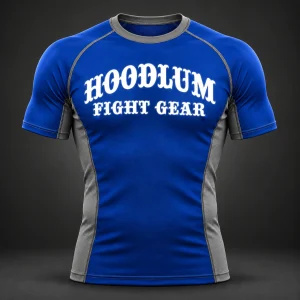 Onyx Fight Rash Guard — Cobalt / Steel — Front view (AI demo concept)