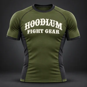 Onyx Fight Rash Guard — Olive / Carbon — Front view (AI demo concept)