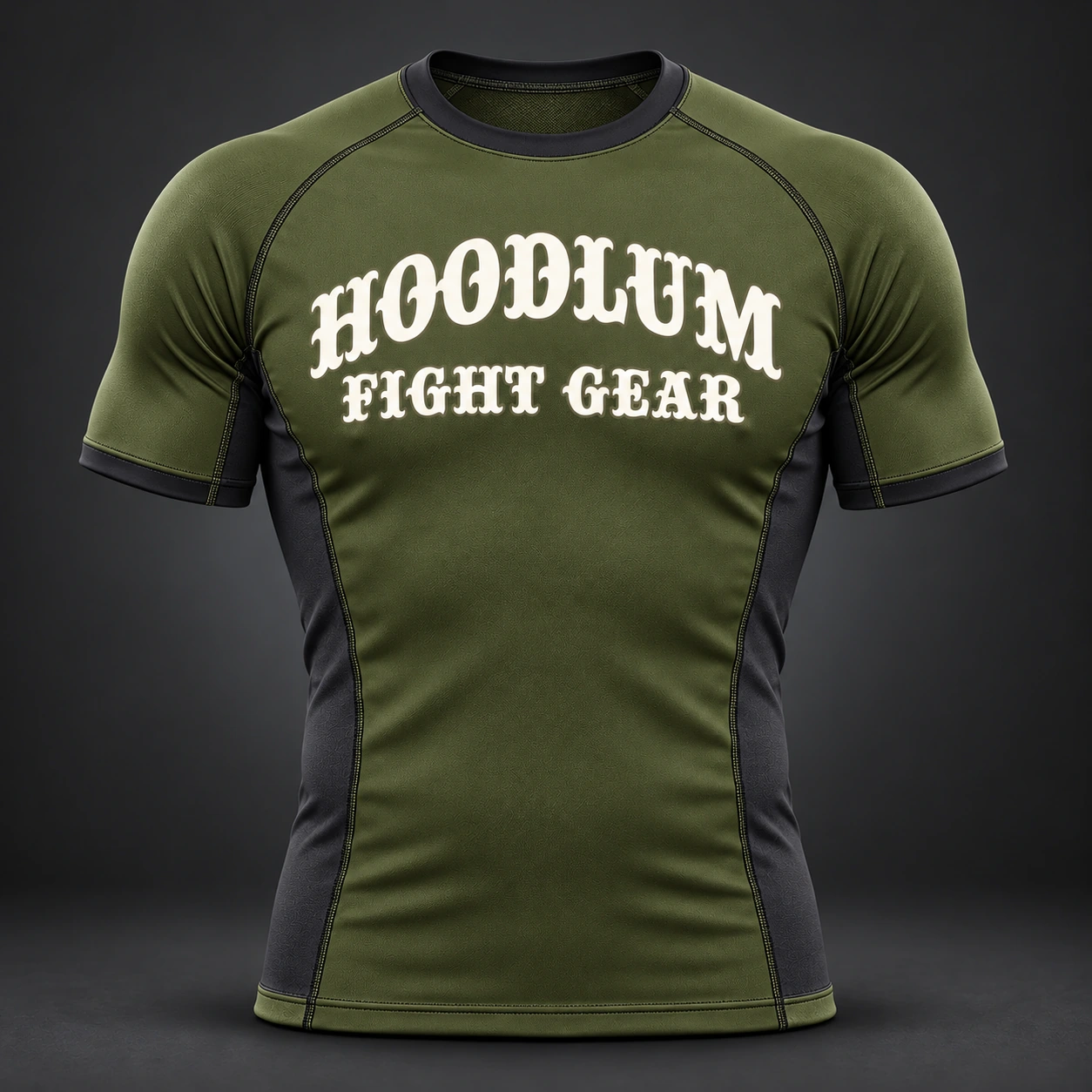 Onyx Fight Rash Guard — Olive / Carbon — Front view (AI demo concept)