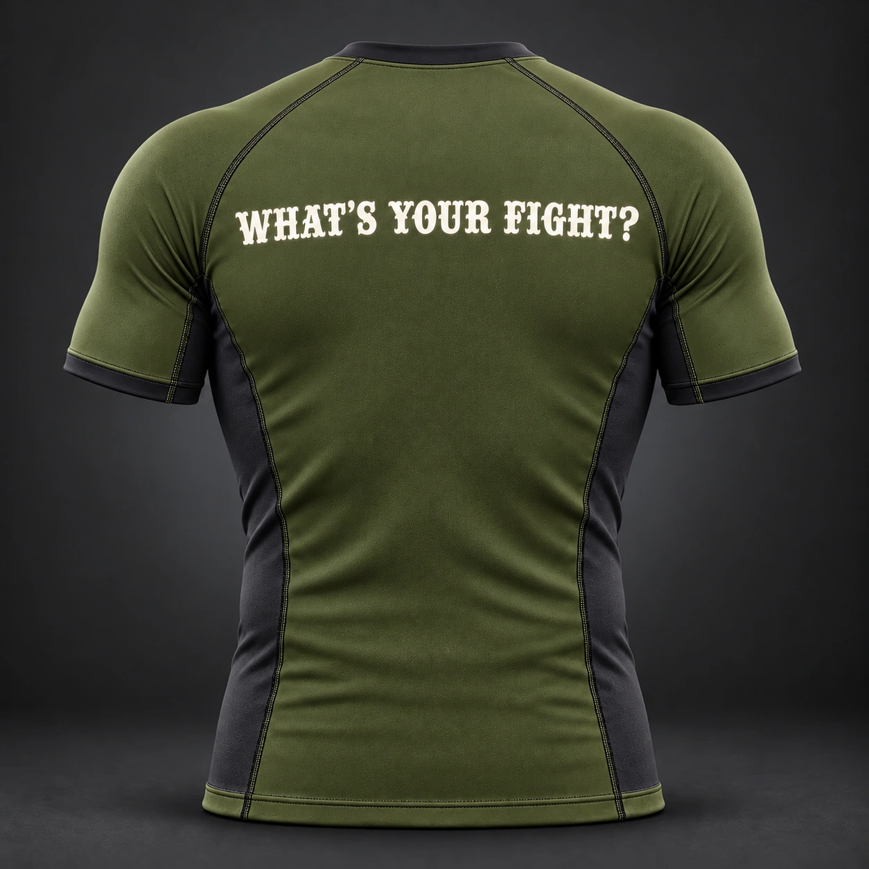 Onyx Fight Rash Guard — Olive / Carbon — Back view (AI demo concept)