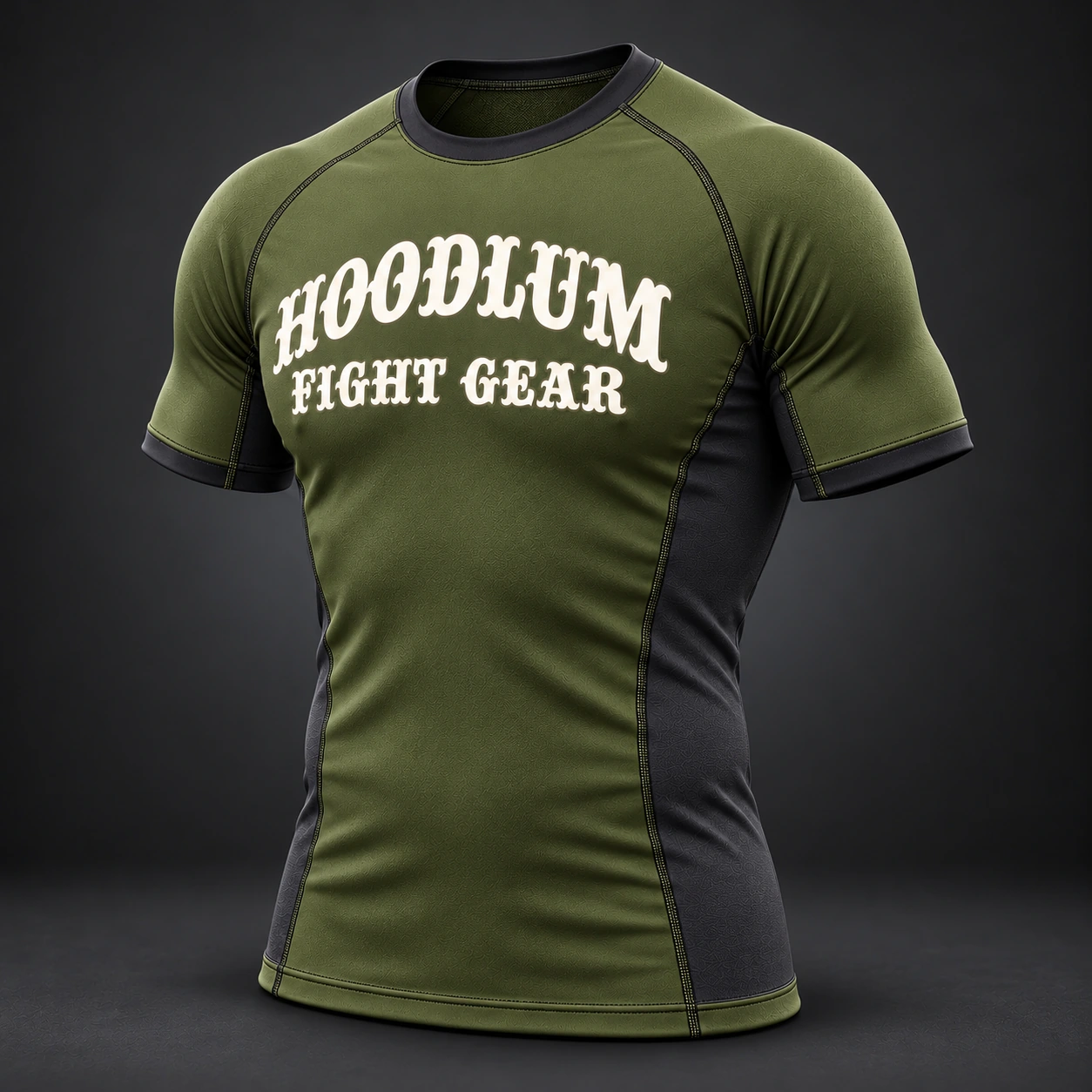 Onyx Fight Rash Guard — Olive / Carbon — Three-quarter view (AI demo concept)