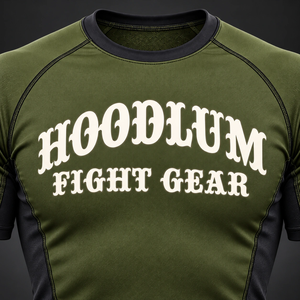 Onyx Fight Rash Guard — Olive / Carbon — Branding detail (AI demo concept)