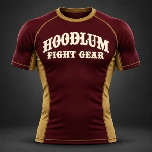 Onyx Fight Rash Guard — Oxblood / Brass — Front view (AI demo concept)