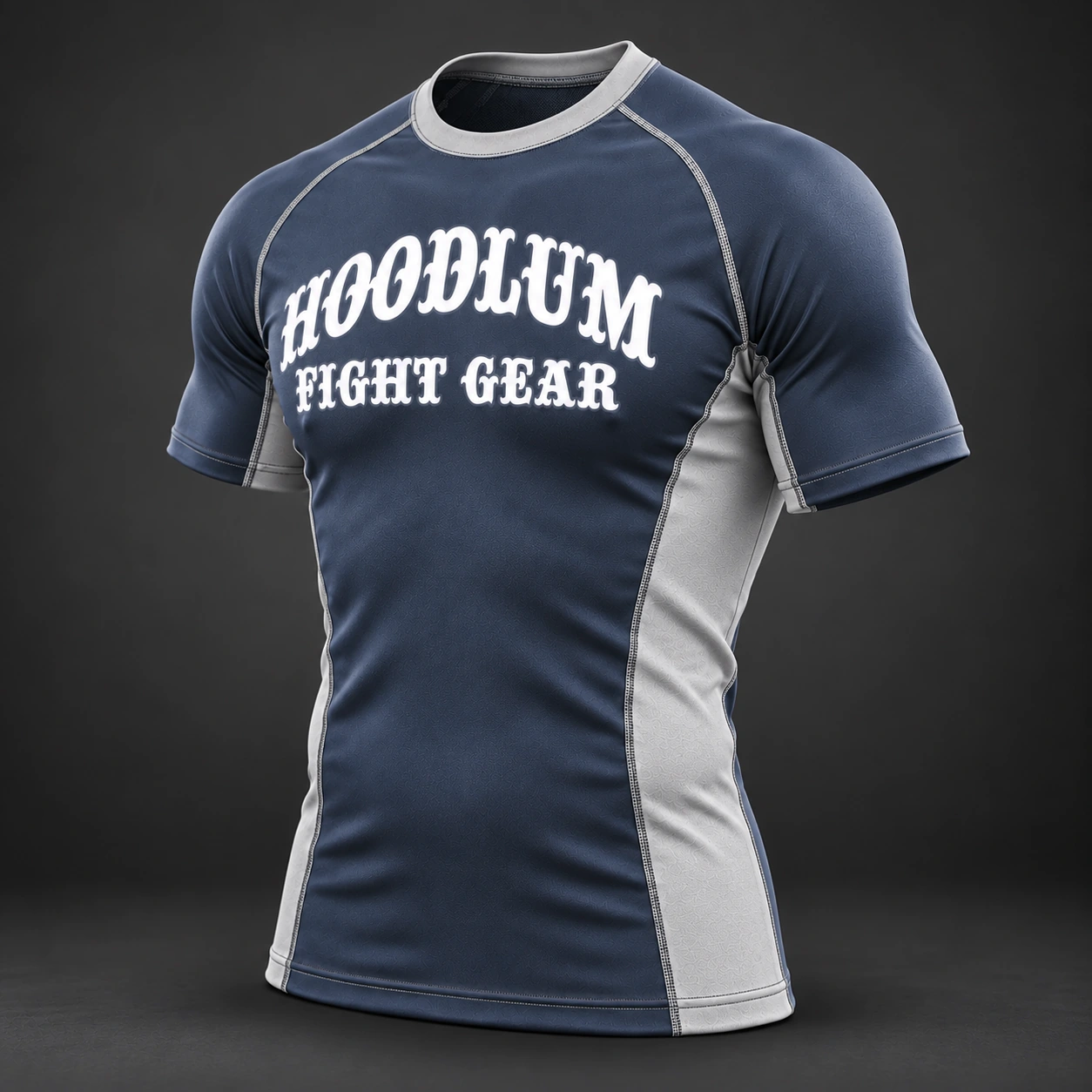 Onyx Fight Rash Guard — Slate / Glacier — Three-quarter view (AI demo concept)