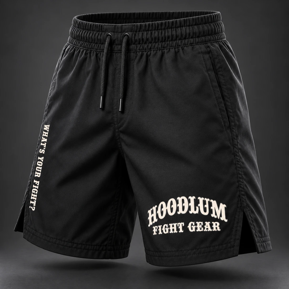 Onyx Fight Shorts — Three-quarter view (AI demo concept)