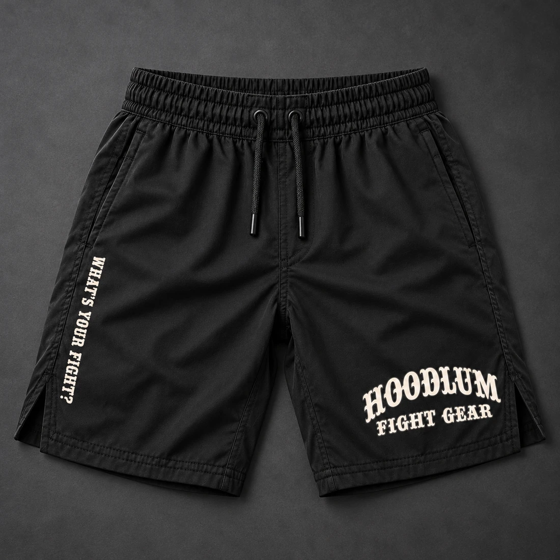 Onyx Fight Shorts — Flat-lay view (AI demo concept)