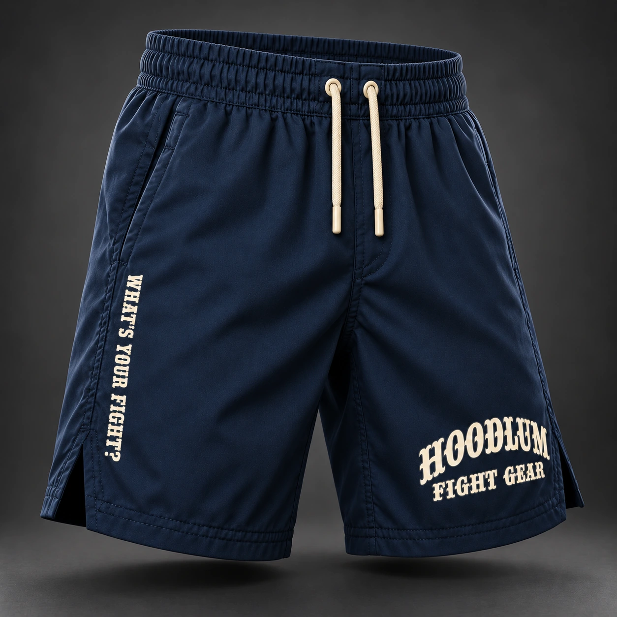 Onyx Fight Shorts — Marine / Bone — Three-quarter view (AI demo concept)