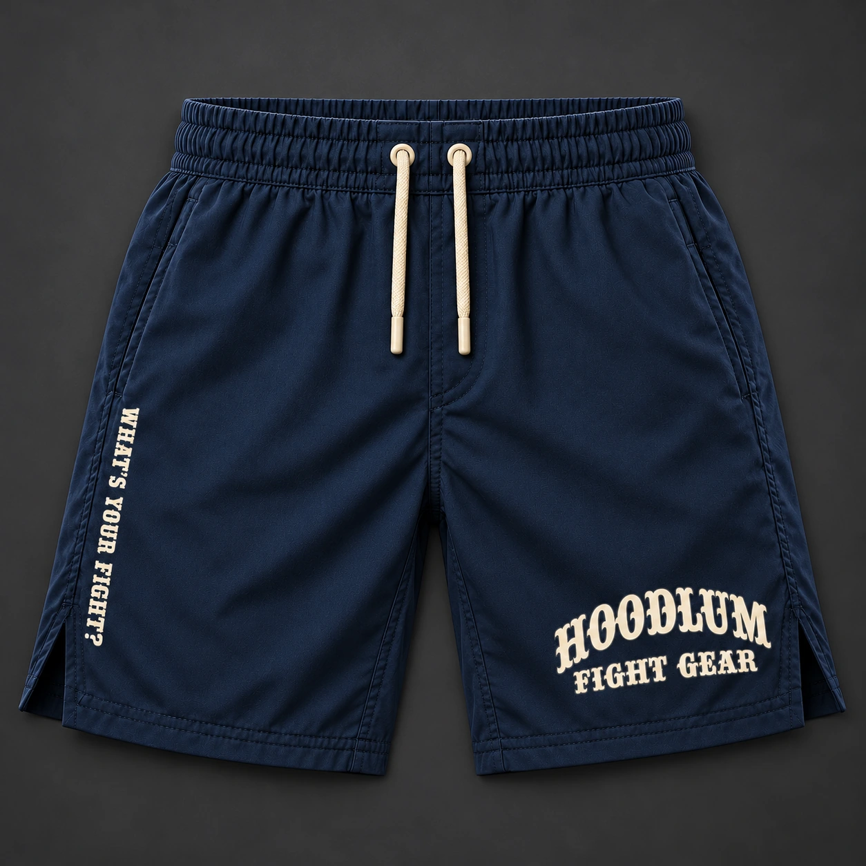 Onyx Fight Shorts — Marine / Bone — Flat-lay view (AI demo concept)
