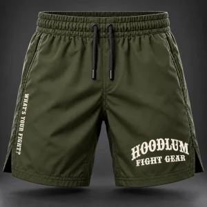 Onyx Fight Shorts — Olive / Carbon — Front view (AI demo concept)