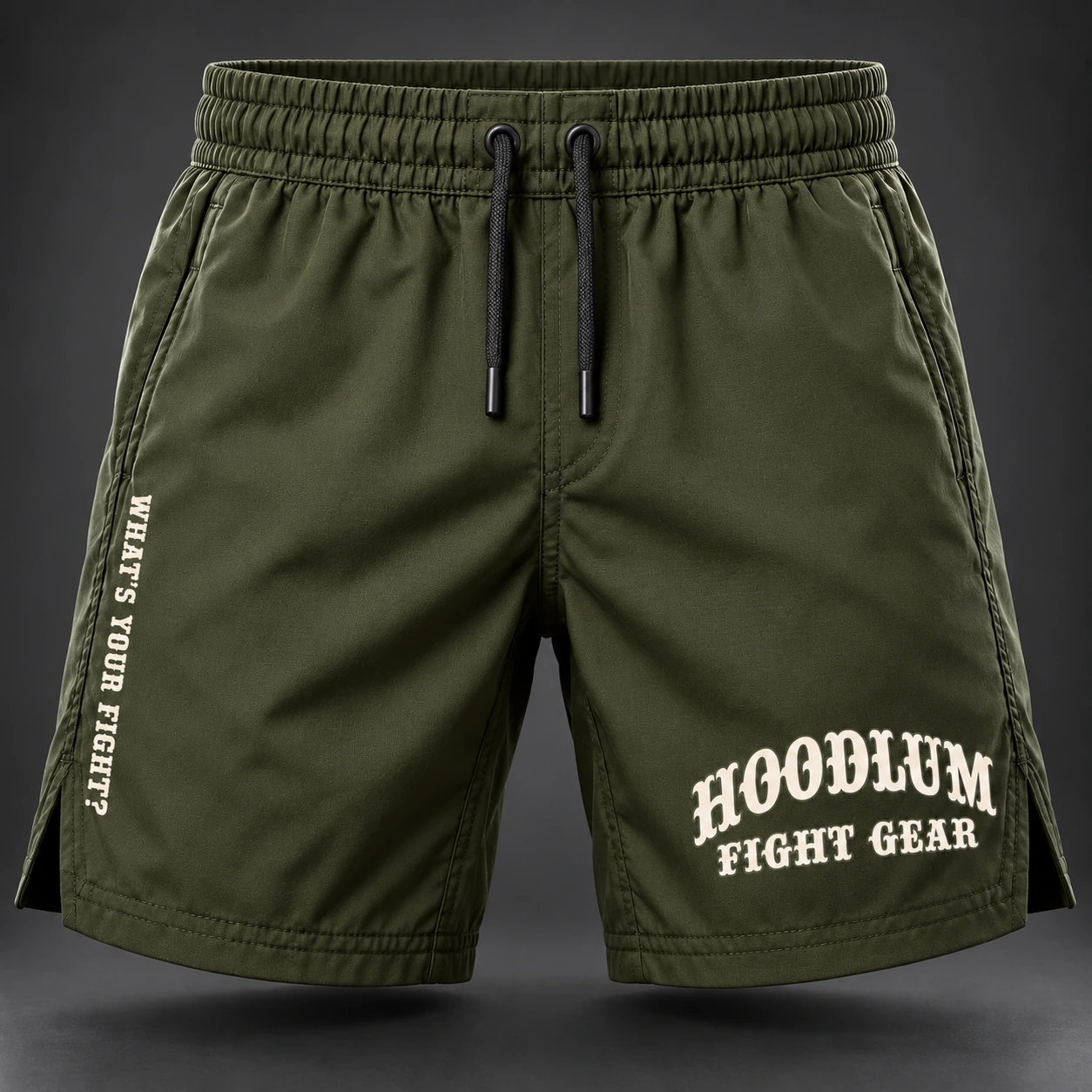 Onyx Fight Shorts — Olive / Carbon — Front view (AI demo concept)