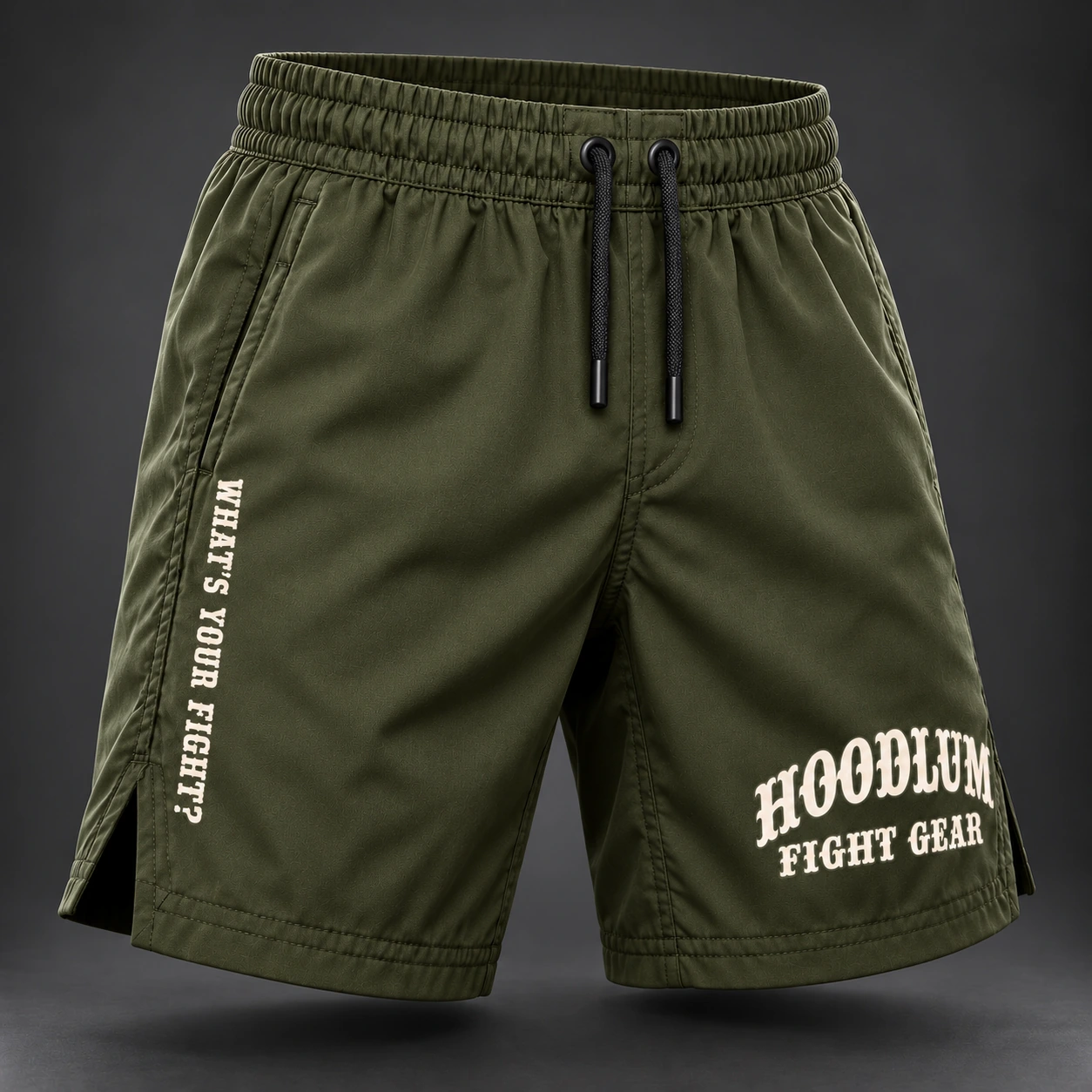 Onyx Fight Shorts — Olive / Carbon — Three-quarter view (AI demo concept)