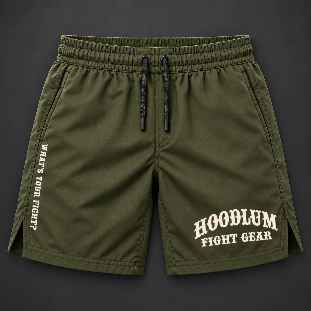 Onyx Fight Shorts — Olive / Carbon — Flat-lay view (AI demo concept)
