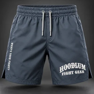 Onyx Fight Shorts — Slate / Glacier — Front view (AI demo concept)