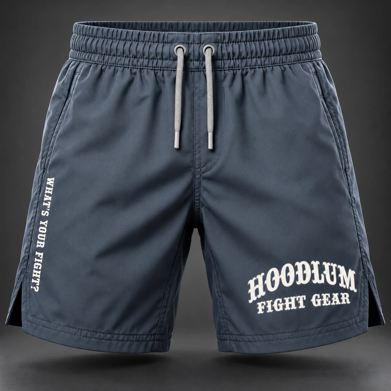 Onyx Fight Shorts — Slate / Glacier — Front view (AI demo concept)