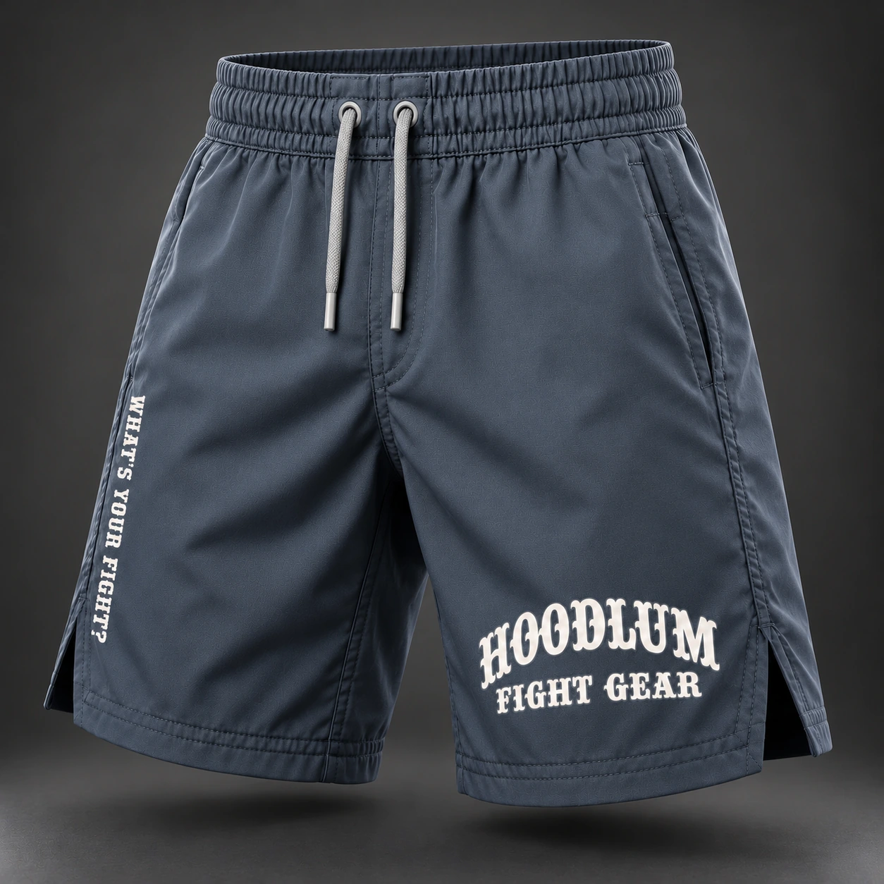 Onyx Fight Shorts — Slate / Glacier — Three-quarter view (AI demo concept)