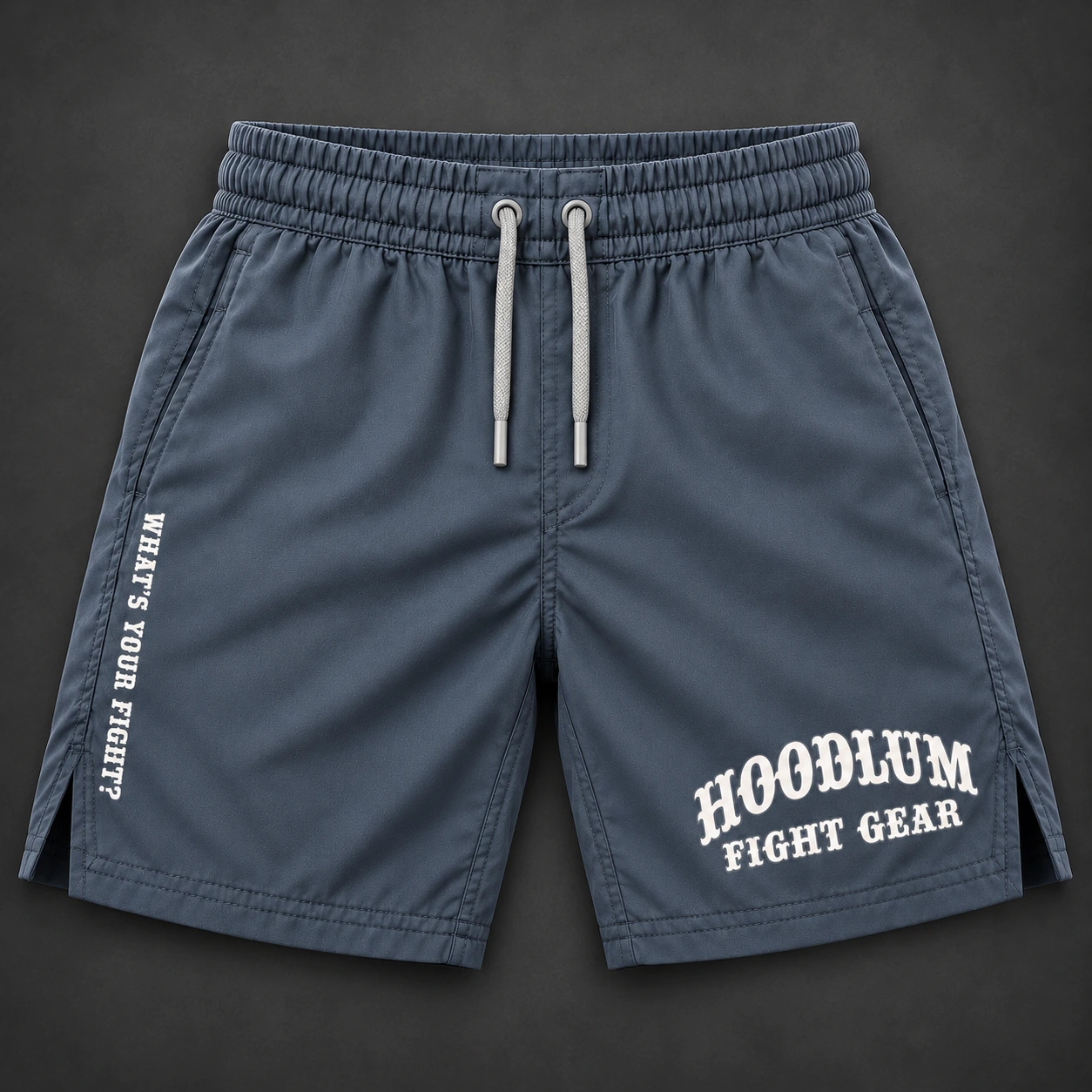 Onyx Fight Shorts — Slate / Glacier — Flat-lay view (AI demo concept)