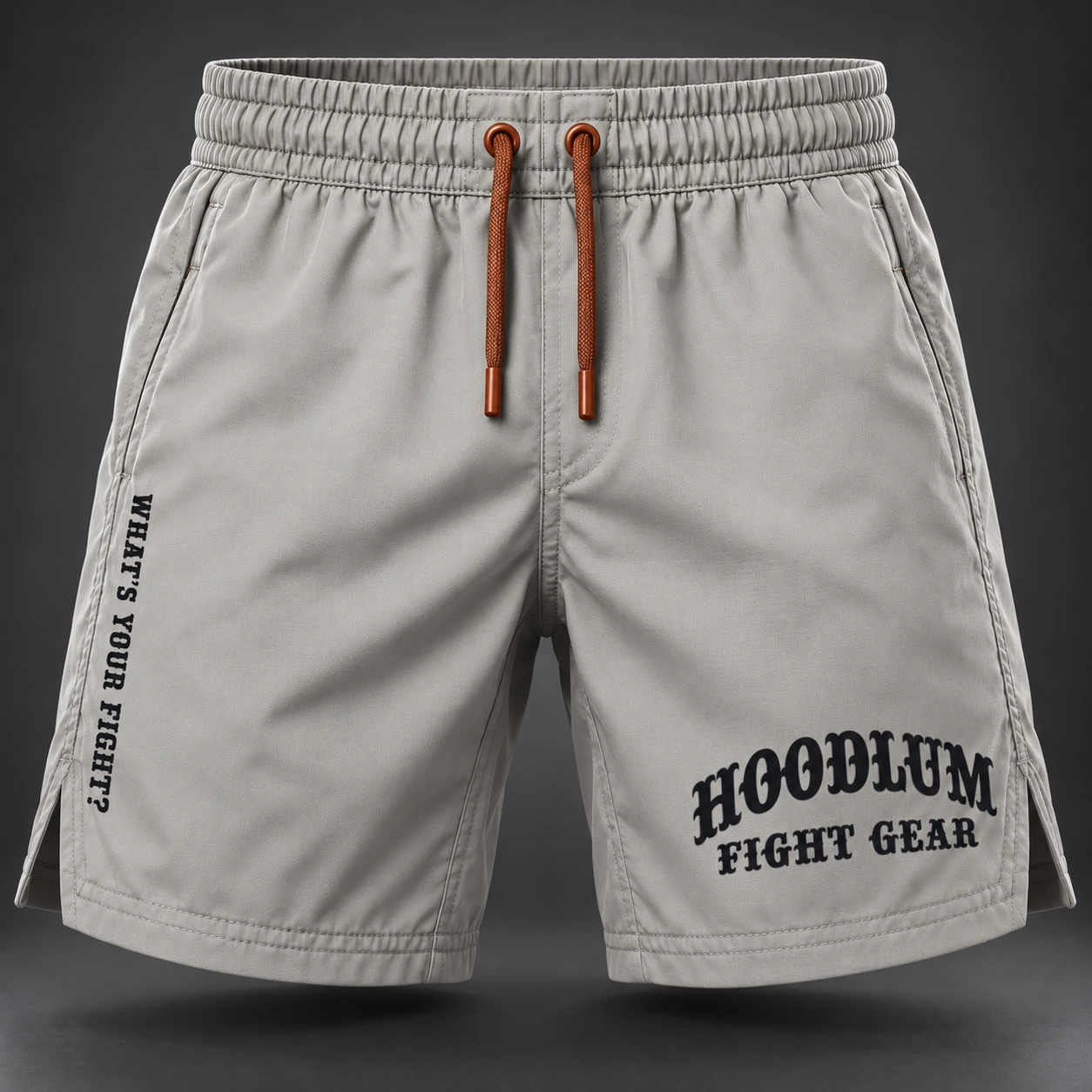Onyx Fight Shorts — Stone / Rust — Front view (AI demo concept)