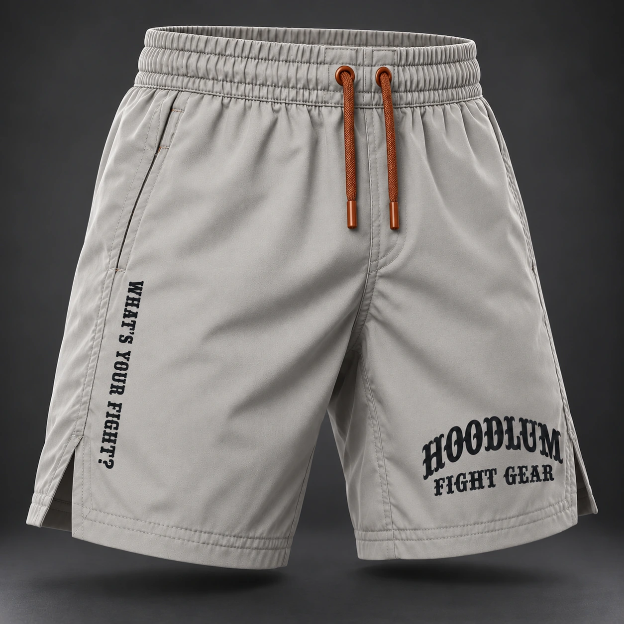 Onyx Fight Shorts — Stone / Rust — Three-quarter view (AI demo concept)