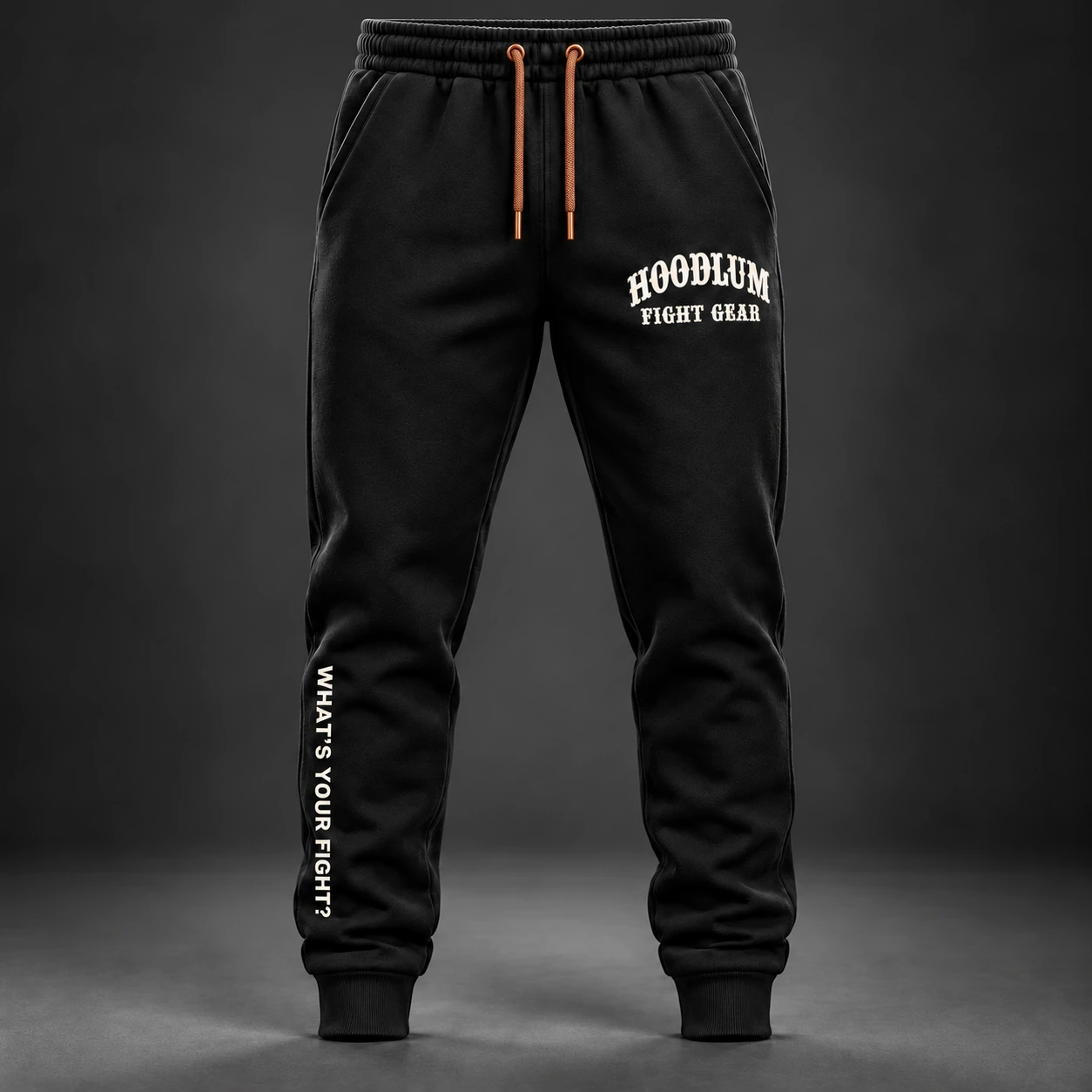 Onyx Identity Joggers — Black / Copper — Front view (AI demo concept)