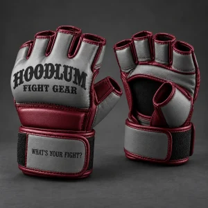 Onyx MMA Gloves — Ash / Burgundy — Three-quarter view (AI demo concept)