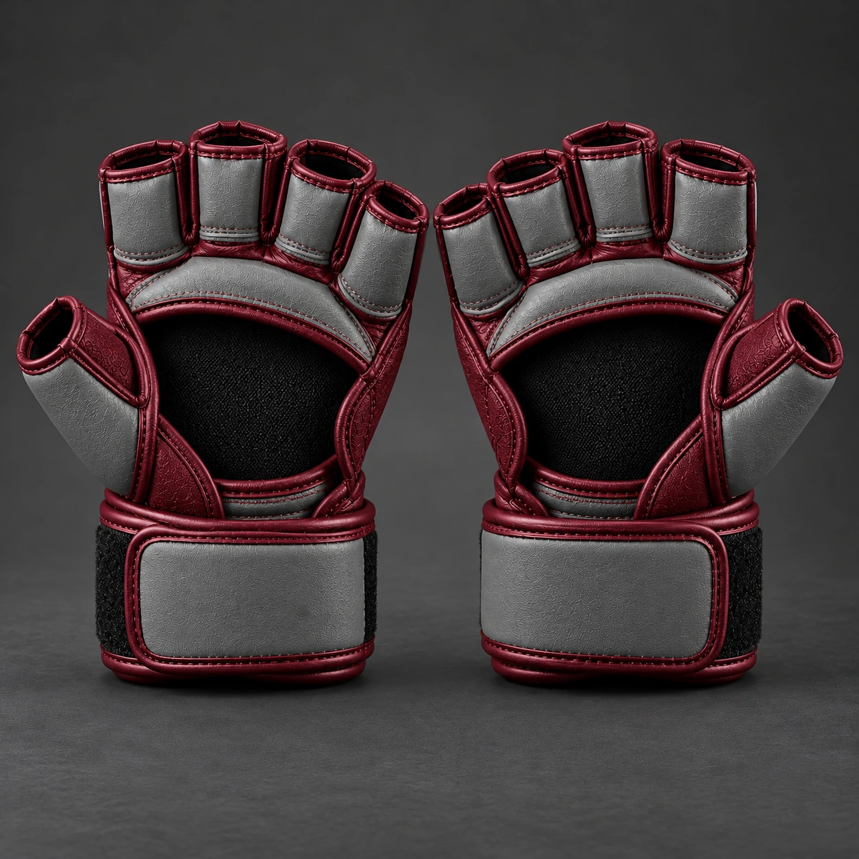Onyx MMA Gloves — Ash / Burgundy — Rear view (AI demo concept)