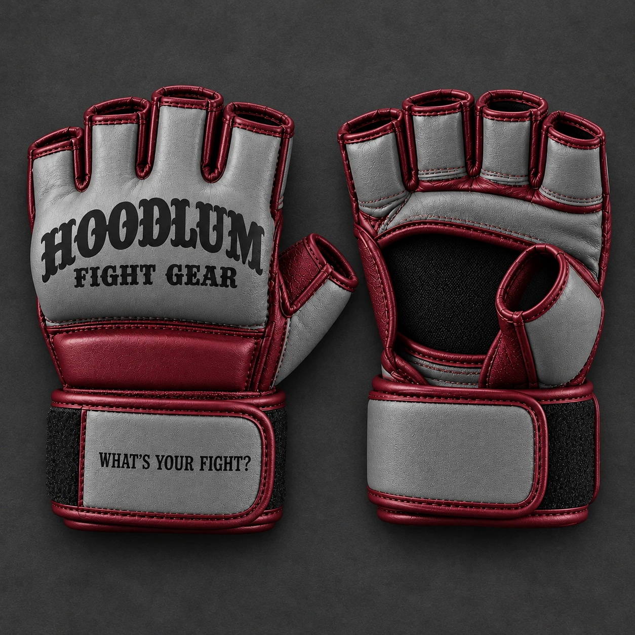 Onyx MMA Gloves — Ash / Burgundy — Top view (AI demo concept)