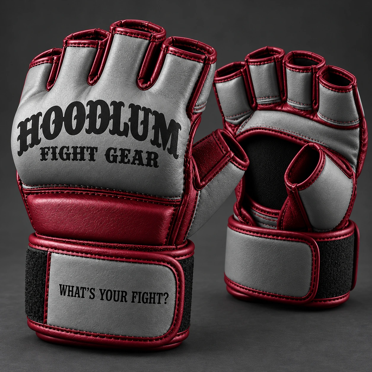 Onyx MMA Gloves — Ash / Burgundy — Branding detail (AI demo concept)