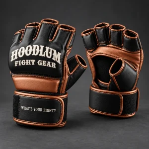 Onyx MMA Gloves — Black / Copper — Three-quarter view (AI demo concept)