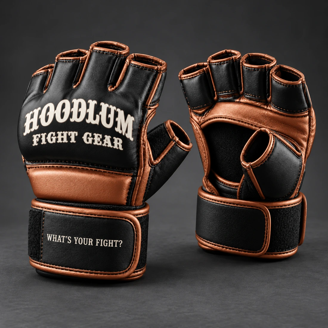 Onyx MMA Gloves — Black / Copper — Three-quarter view (AI demo concept)