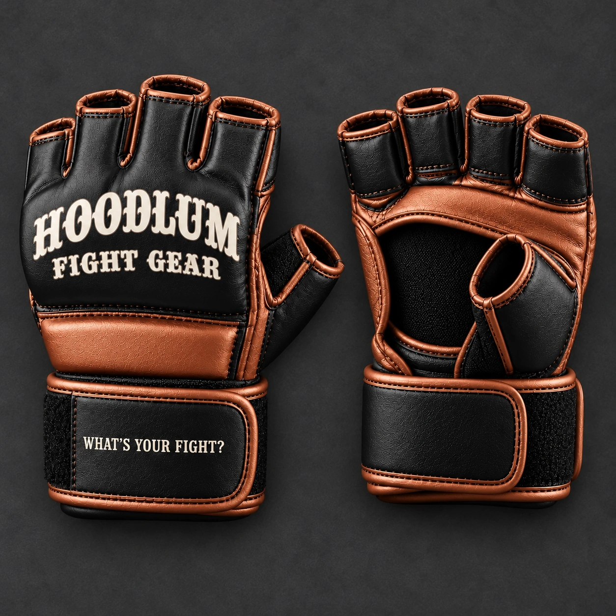 Onyx MMA Gloves — Black / Copper — Top view (AI demo concept)