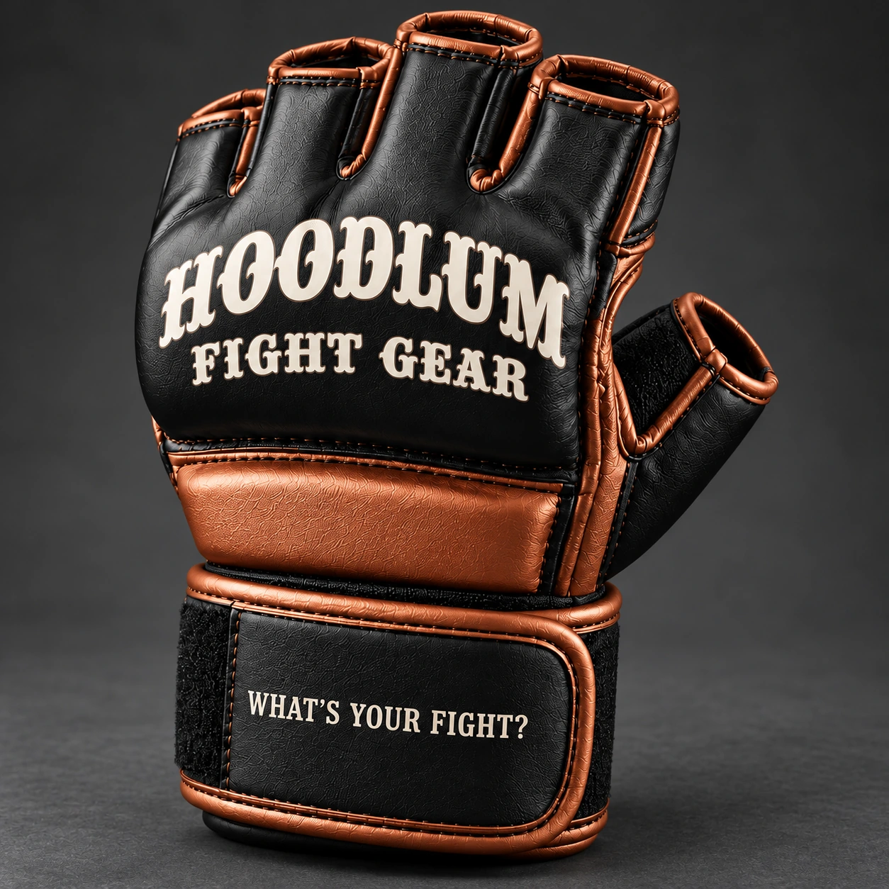 Onyx MMA Gloves — Black / Copper — Branding detail (AI demo concept)