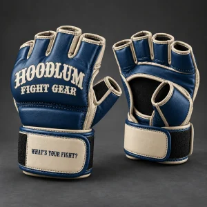 Onyx MMA Gloves — Marine / Bone — Three-quarter view (AI demo concept)