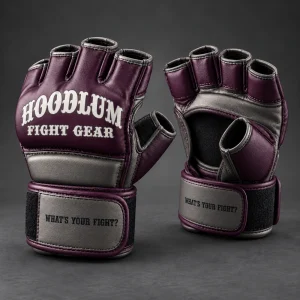 Onyx MMA Gloves — Plum / Pewter — Three-quarter view (AI demo concept)